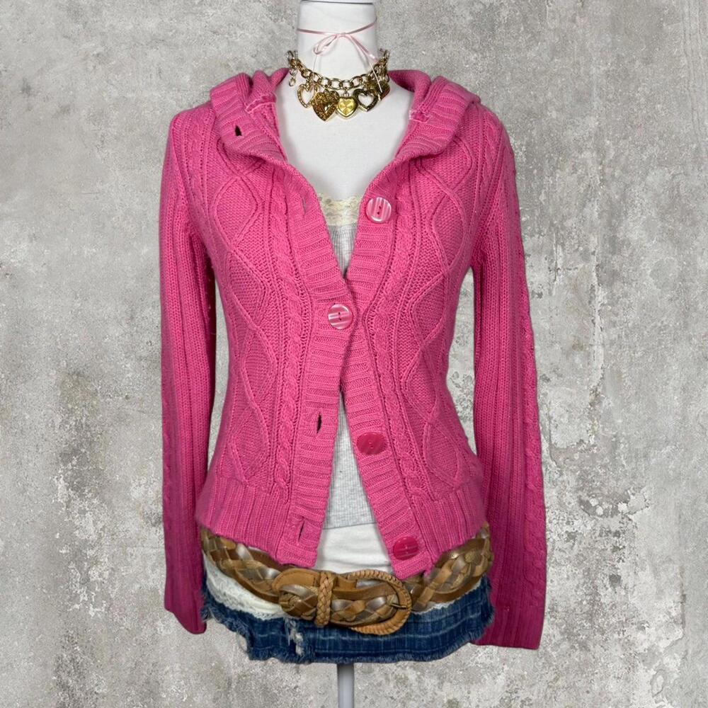 y2k pink cozy cableknit button up cardigan sweater